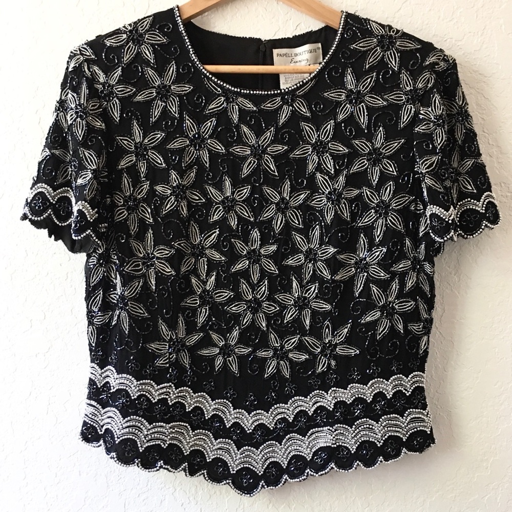vintage floral beaded sequin silk holiday top